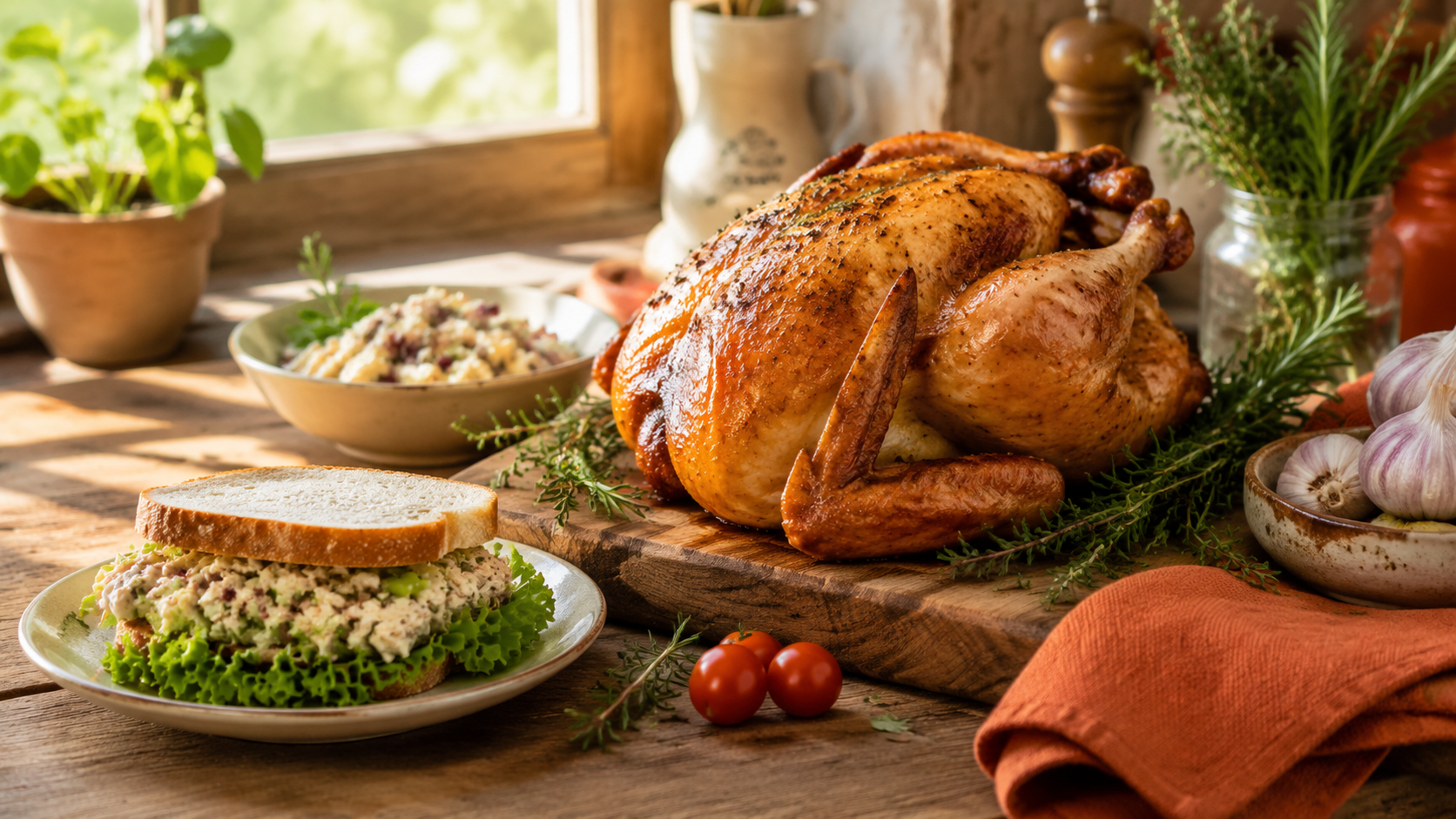 A beautifully roasted whole chicken sits on a wooden cutting board, accompanied by a plate of chicken salad on lettuce, sliced bread, and fresh tomatoes, all set in a cozy kitchen with herbs and natural light.