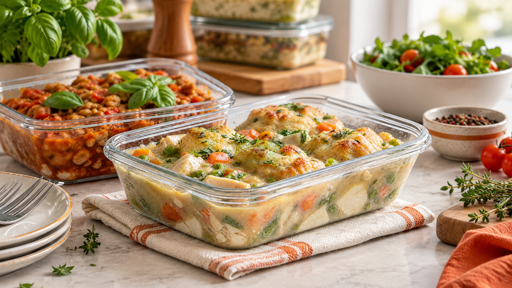Glass containers filled with cooked dishes, including a creamy chicken and vegetable casserole, are displayed on a kitchen counter alongside fresh herbs, salad, and utensils, emphasizing meal prep and smart storage.