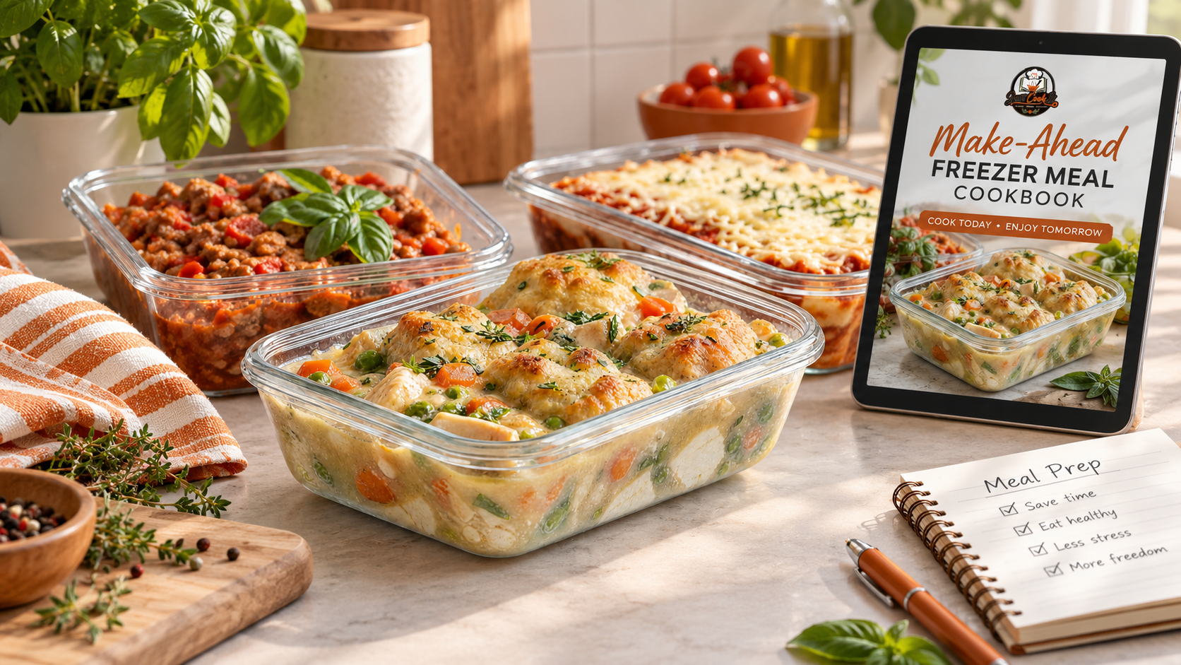 A colorful assortment of make-ahead freezer meals in glass containers, including a casserole and a pasta dish, alongside a digital tablet displaying the "Make-Ahead Freezer Meal Cookbook" cover and a checklist for meal prep.