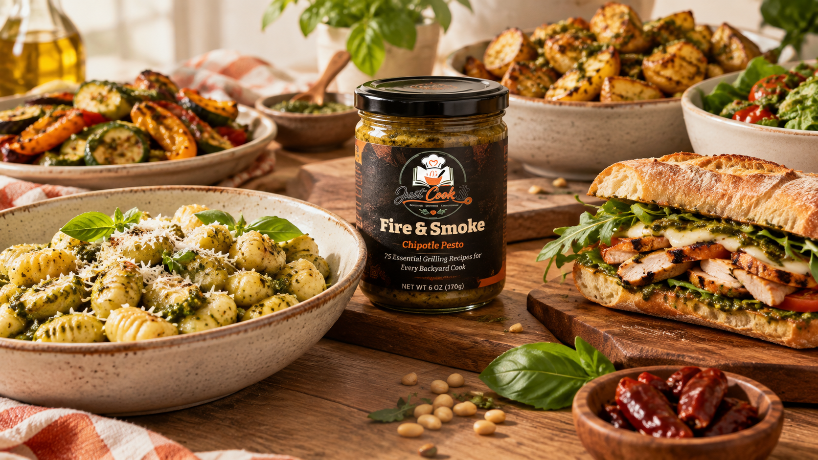 A jar of Fire & Smoke Chipotle Pesto is placed on a wooden table surrounded by dishes of pasta, grilled vegetables, and a sandwich, highlighting the versatility of the pesto in various meals.