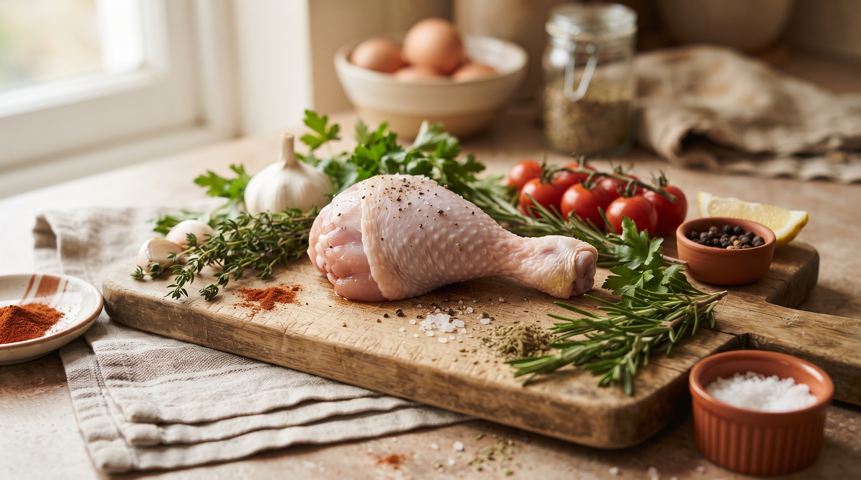 A raw bone-in chicken leg is displayed on a wooden cutting board, surrounded by fresh herbs, garlic, cherry tomatoes, spices, and a lemon wedge, creating a vibrant and inviting scene for budget-friendly meal preparation.