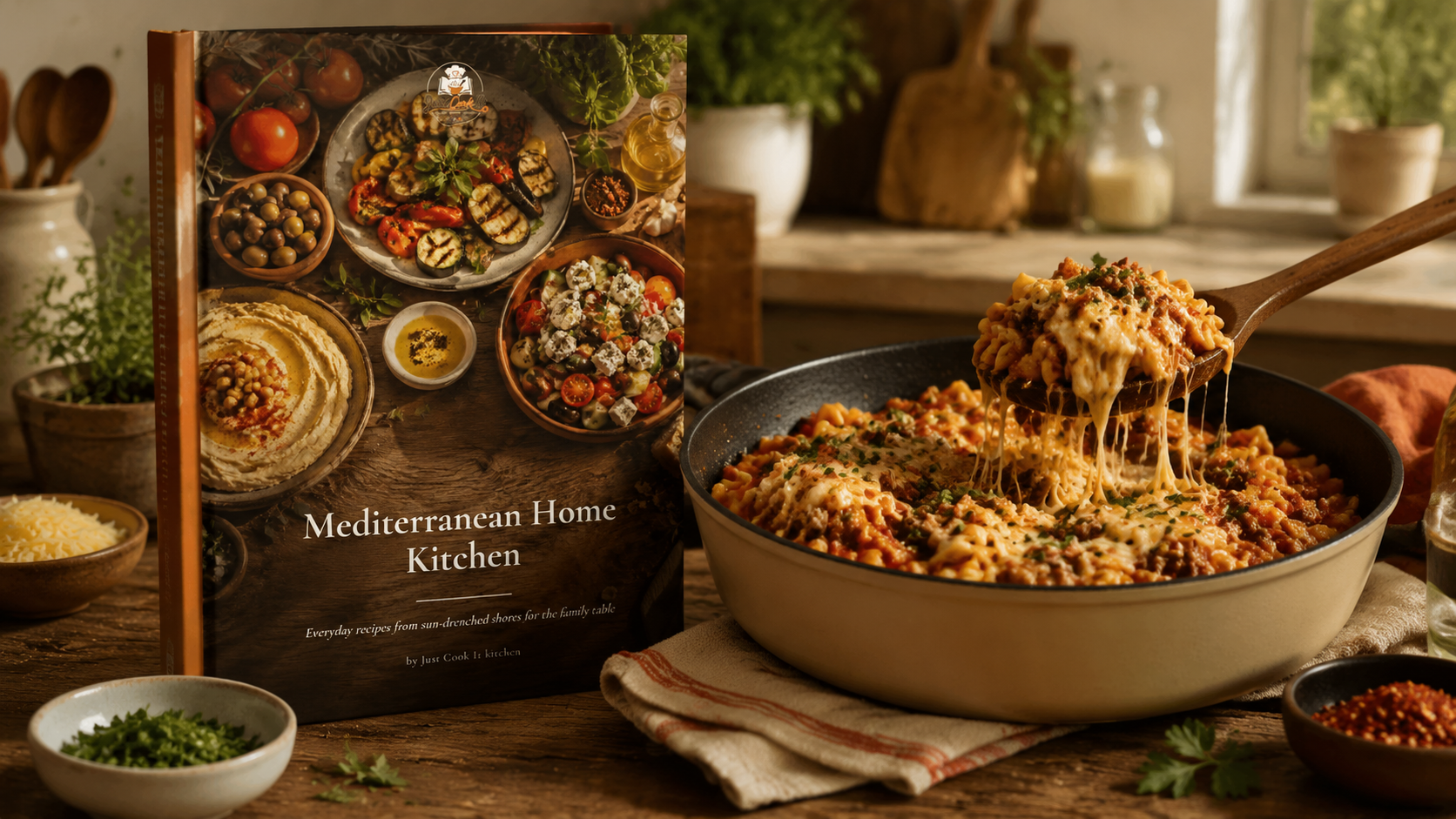 A creamy, cheesy beef pasta dish is being served from a large skillet, with melted cheese stretching as it's lifted, alongside a beautifully styled cookbook featuring Mediterranean recipes in a warm, rustic kitchen setting.