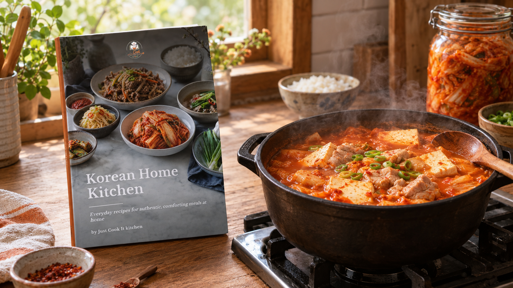 A steaming pot of kimchi jjigae with pork and tofu sits on a wooden table, accompanied by a cookbook titled "Korean Home Kitchen," featuring various Korean dishes, with jars of kimchi and bowls of rice in the background.
