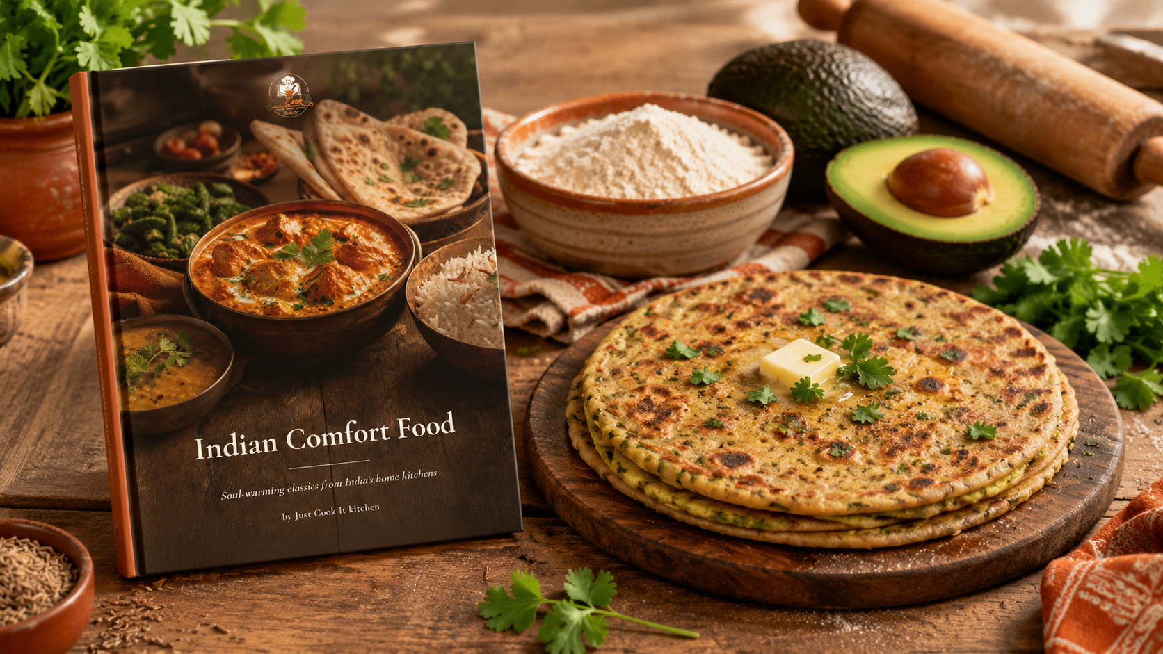 A stack of golden-brown avocado parathas garnished with fresh cilantro sits beside a cookbook titled "Indian Comfort Food," with whole wheat flour and an avocado in the background, creating a warm and inviting kitchen scene.