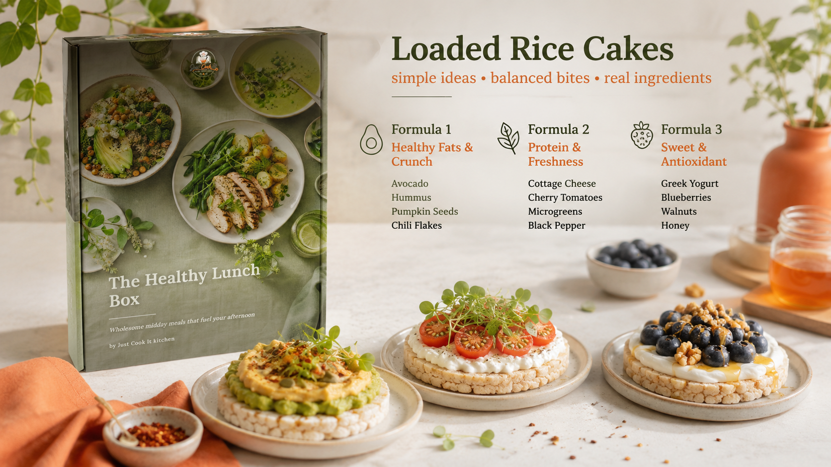 A beautifully arranged display of loaded rice cakes topped with avocado, cottage cheese, and Greek yogurt, accompanied by a cookbook titled "The Healthy Lunch Box," showcasing healthy snack formulas.
