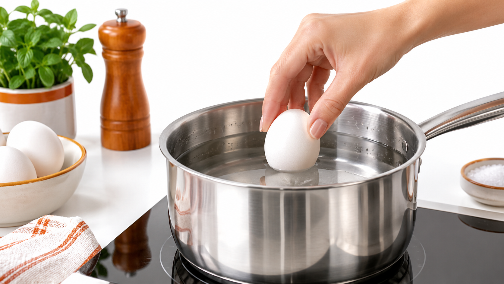 A hand gently places a white egg into a stainless steel pot of water on a black stovetop, with other eggs, salt, and herbs in the background.