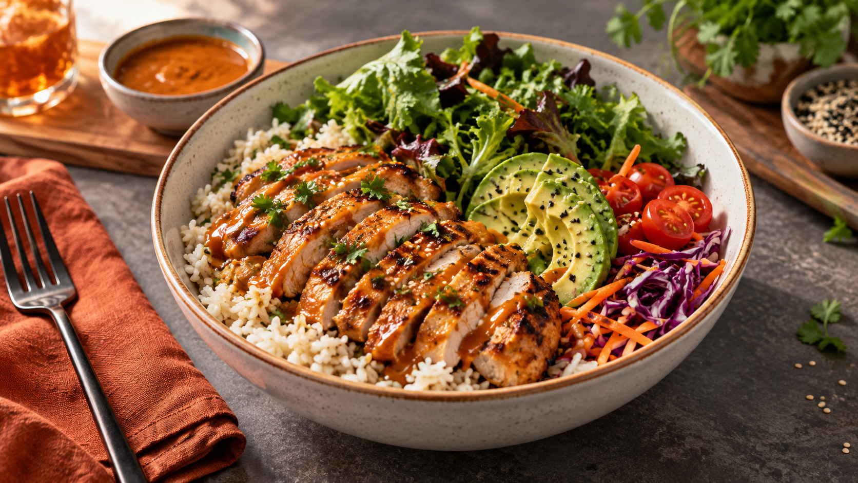 A vibrant build-your-own bowl featuring grilled chicken, avocado slices, mixed greens, cherry tomatoes, shredded carrots, and purple cabbage, served over a bed of rice, with a side of sauce and garnished with sesame seeds.