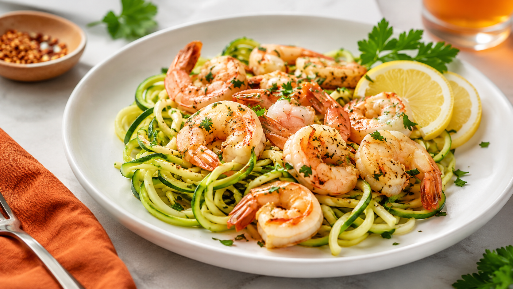 A vibrant plate of shrimp scampi featuring sautéed shrimp on a bed of spiralized zucchini noodles, garnished with fresh parsley and lemon slices, with a side of red pepper flakes.