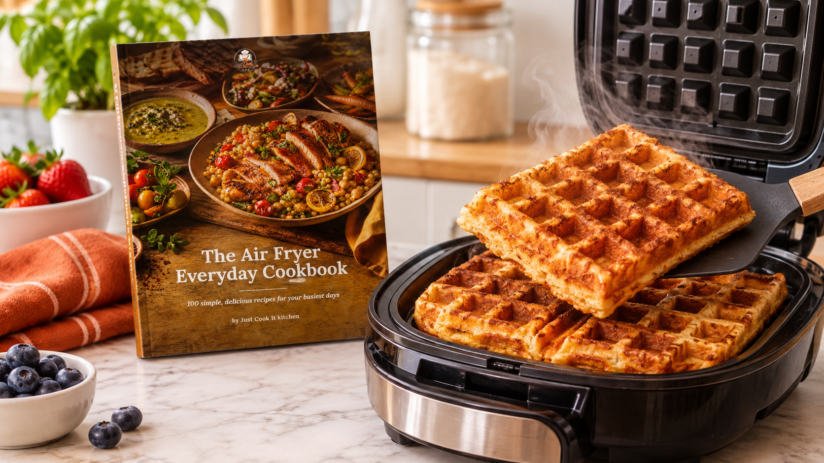 A stack of golden-brown waffles is being lifted from an air fryer, with a cookbook titled "The Air Fryer Everyday Cookbook" displayed in the background, alongside fresh strawberries and blueberries on a kitchen countertop.