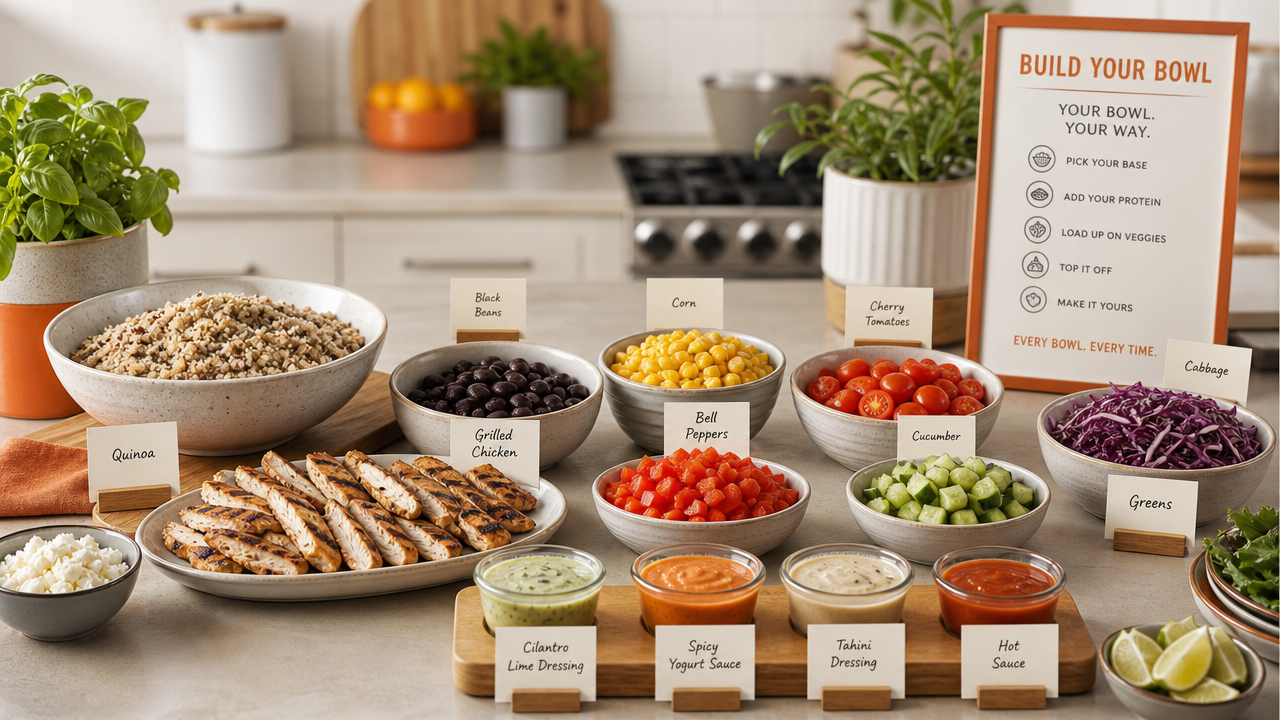 A colorful display of meal components including quinoa, grilled chicken, various chopped vegetables, and an assortment of sauces, arranged in bowls with labels, showcasing a flexible meal prep system.