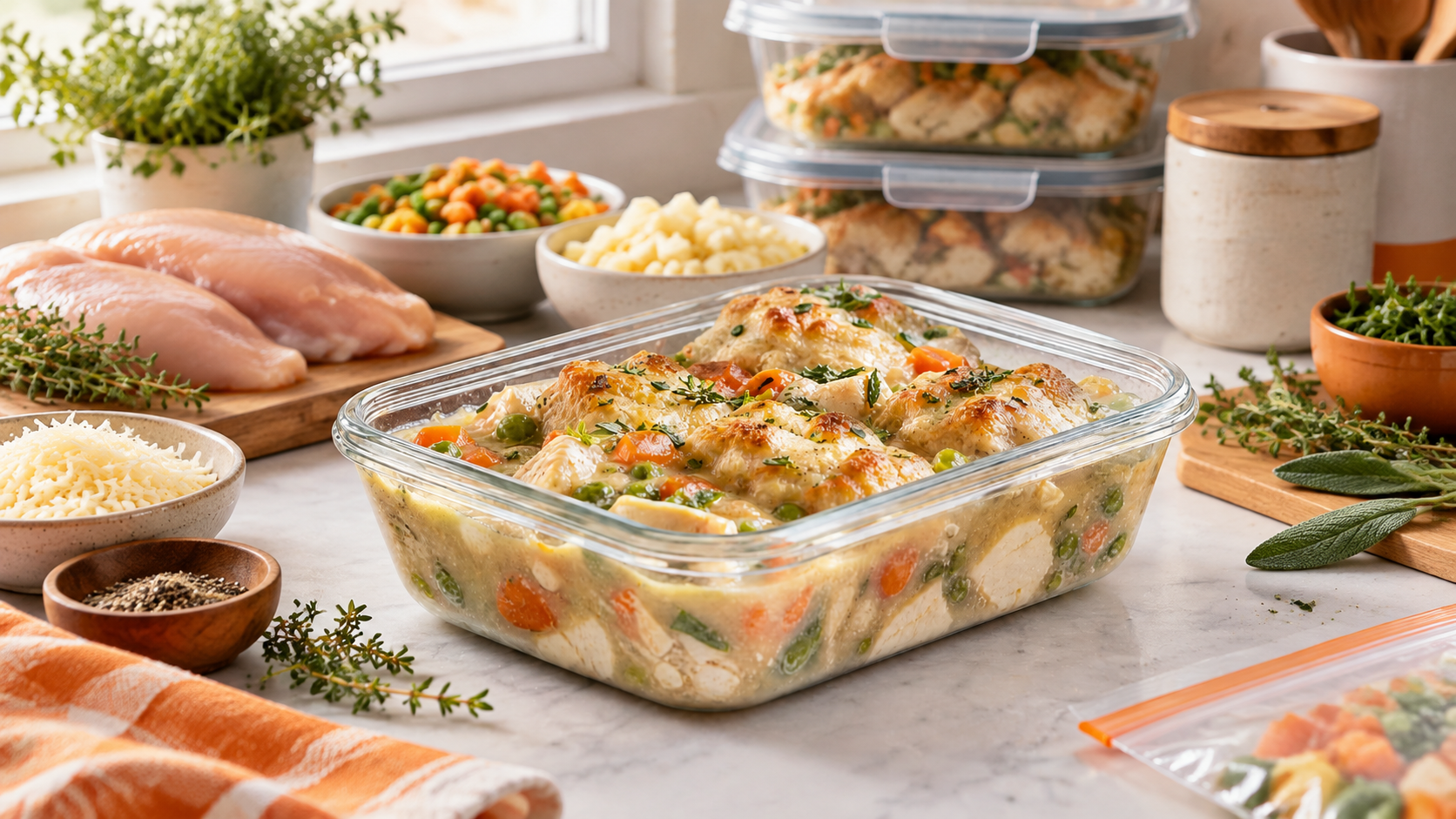 A glass dish filled with a baked chicken and vegetable casserole is surrounded by fresh ingredients like chicken breasts, chopped vegetables, herbs, and containers of prepped ingredients, showcasing a meal prep setup for easy weeknight cooking.