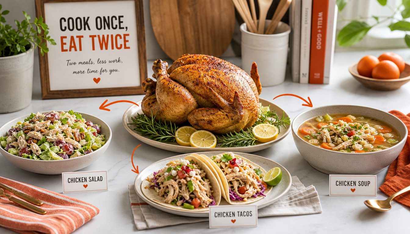 A beautifully arranged table features a roasted chicken surrounded by two repurposed meals: a chicken salad in a bowl and chicken tacos on a plate, along with a bowl of chicken soup, all set against a backdrop with a decorative sign.