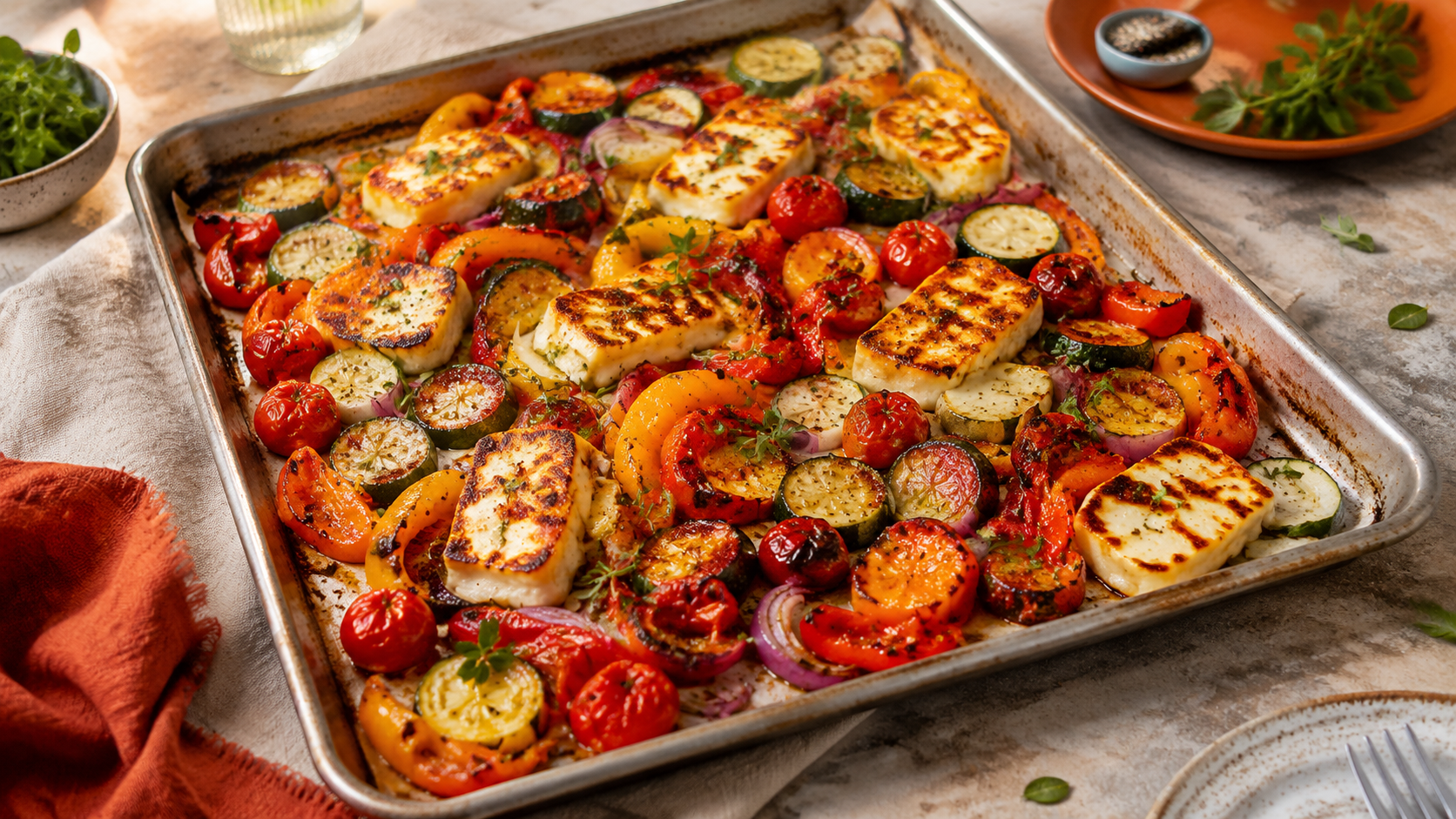 A baking tray filled with golden-brown halloumi cheese slices surrounded by roasted Mediterranean vegetables, including zucchini, bell peppers, and cherry tomatoes, garnished with herbs.