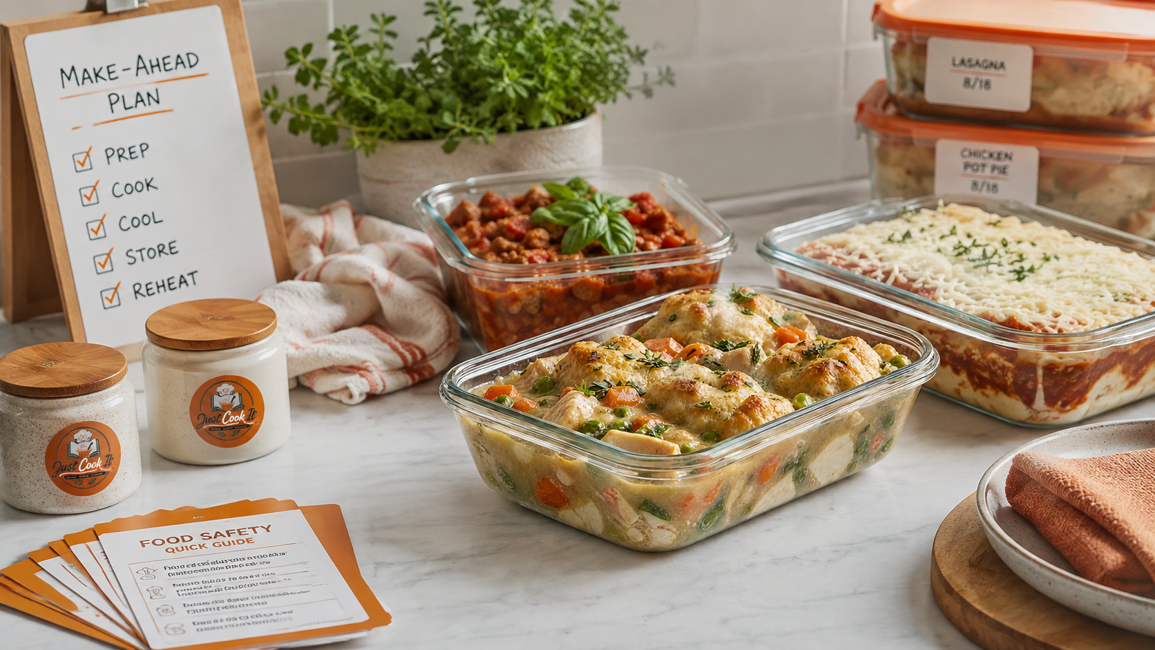 A variety of casseroles in glass containers are displayed on a kitchen countertop, alongside meal prep ingredients, a food safety guide, and herbs, emphasizing make-ahead cooking and safe storage practices.