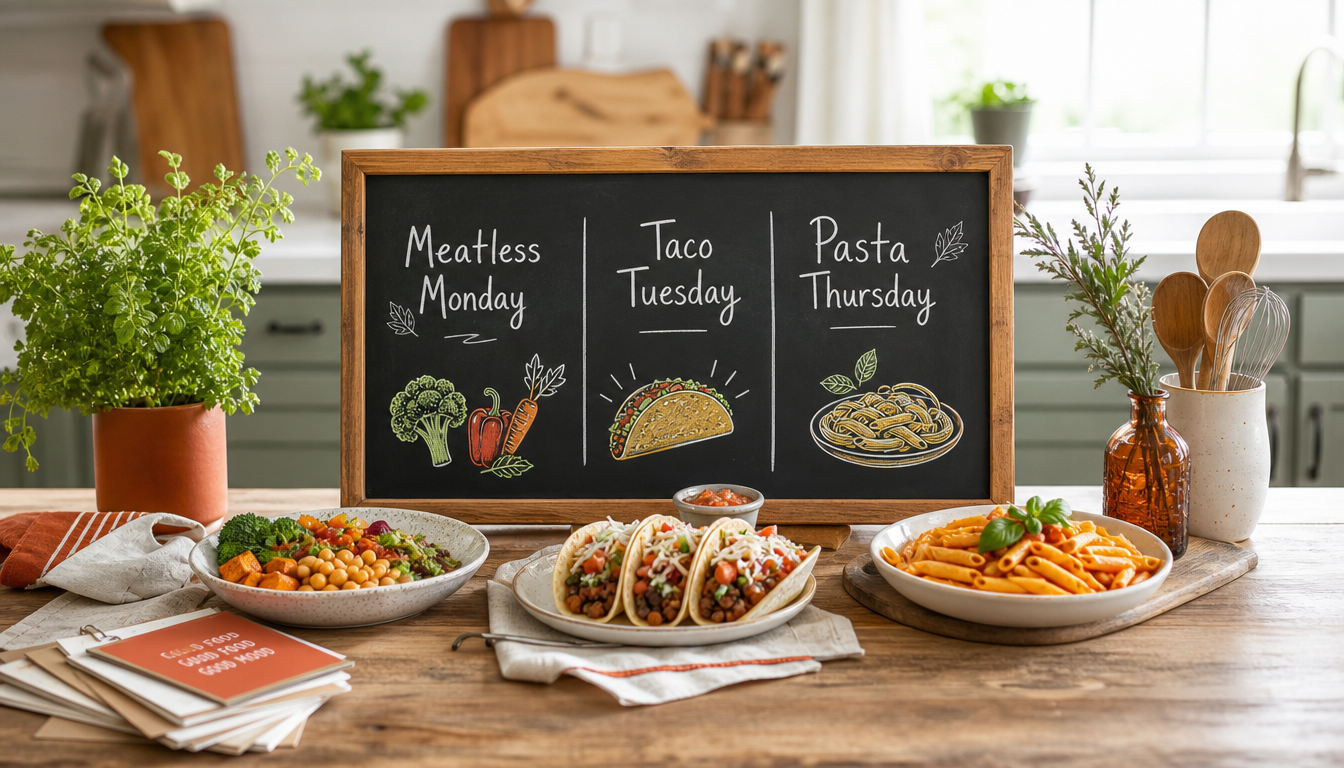 A wooden board displays "Meatless Monday," "Taco Tuesday," and "Pasta Thursday" with illustrations, accompanied by bowls of colorful vegetables, tacos, and pasta on a kitchen table.