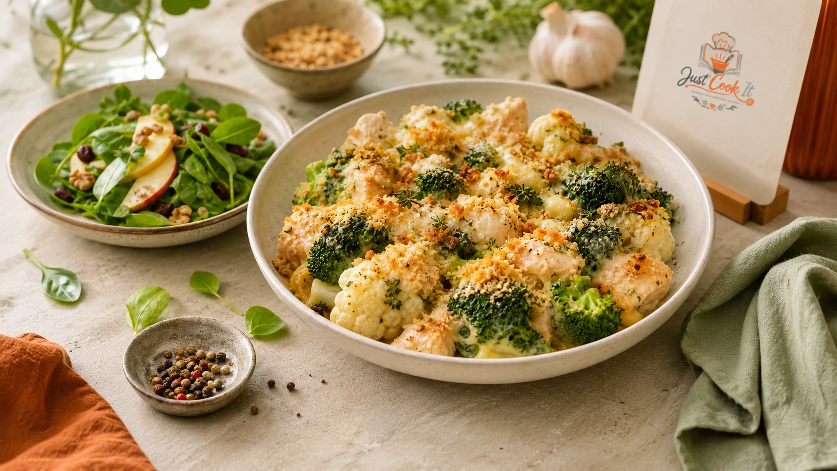A creamy broccoli and cauliflower casserole topped with golden breadcrumbs, served alongside a fresh salad with greens, apple slices, and nuts, all set on a rustic table with herbs and spices.