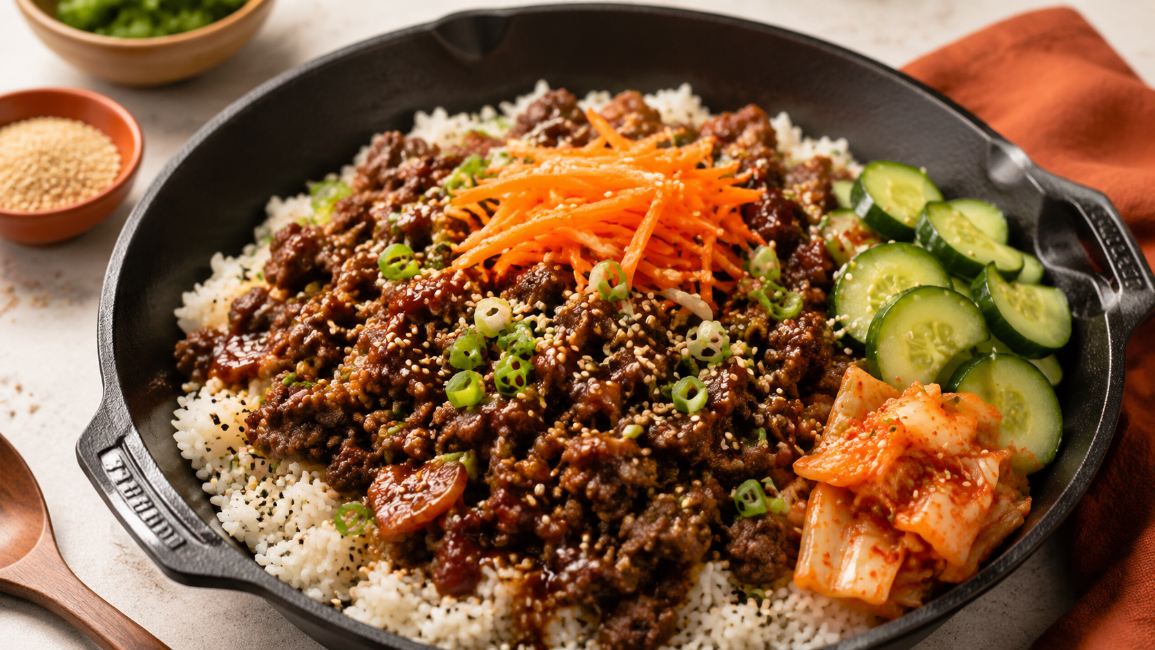 A skillet filled with Korean ground beef served over white rice, garnished with sliced cucumbers, shredded carrots, green onions, sesame seeds, and a side of kimchi, showcasing a vibrant and flavorful one-skillet meal.