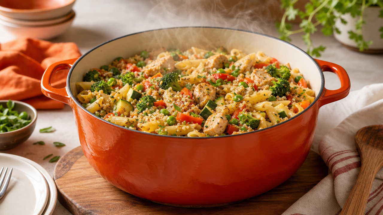A vibrant orange pot filled with steaming one-pot pasta and grains, featuring colorful vegetables like broccoli and red peppers, sits on a wooden cutting board, surrounded by fresh herbs and a cozy kitchen setting.