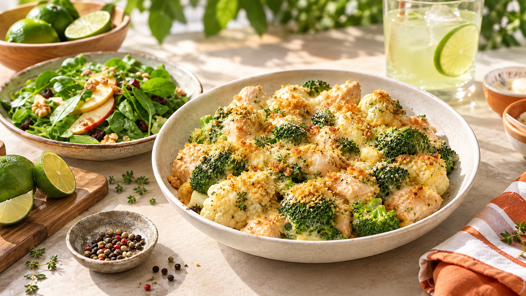 A vibrant bowl of baked broccoli and cauliflower topped with a golden breadcrumb crust, surrounded by fresh lime halves, a green salad with apples and nuts, and a refreshing drink with lime slices.
