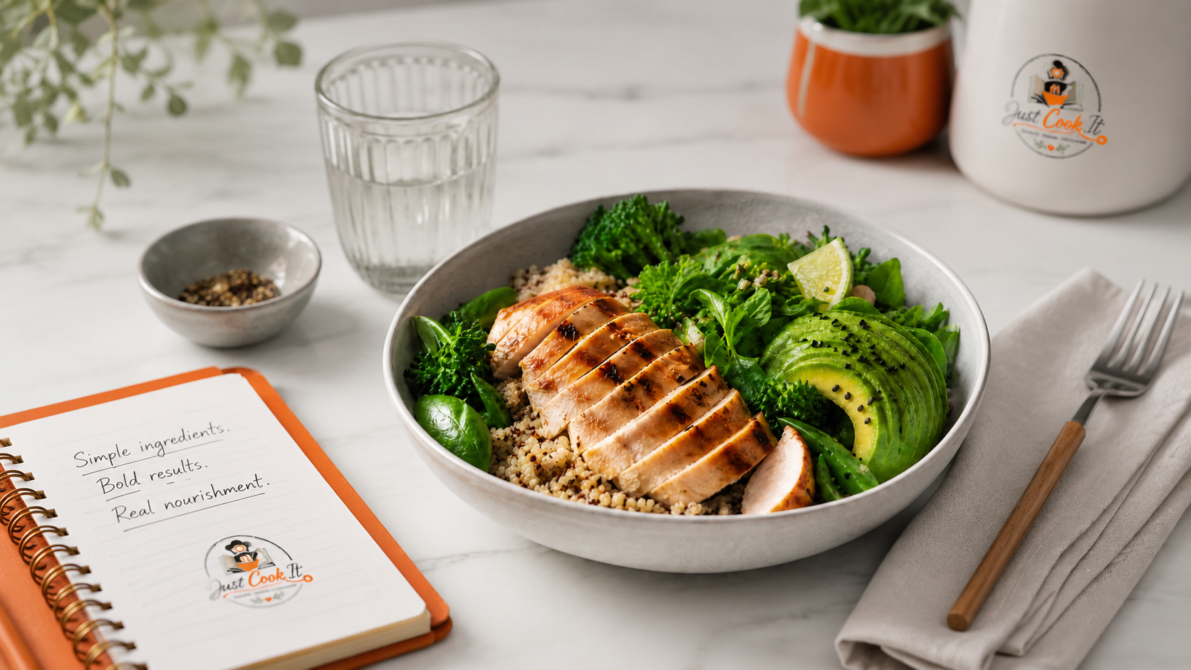 A beautifully arranged bowl featuring grilled chicken slices, quinoa, fresh greens, avocado, and lime, accompanied by a notebook with handwritten notes on a marble countertop.