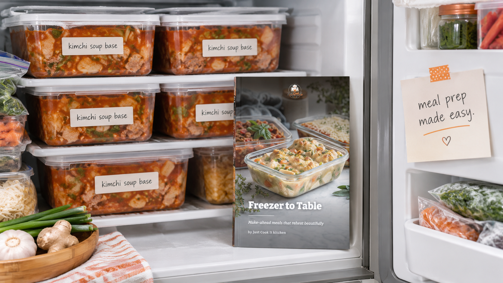 Containers of kimchi soup base are neatly organized in a refrigerator, showcasing a meal prep strategy. A cookbook titled "Freezer to Table" is prominently displayed, emphasizing easy meal prep solutions.